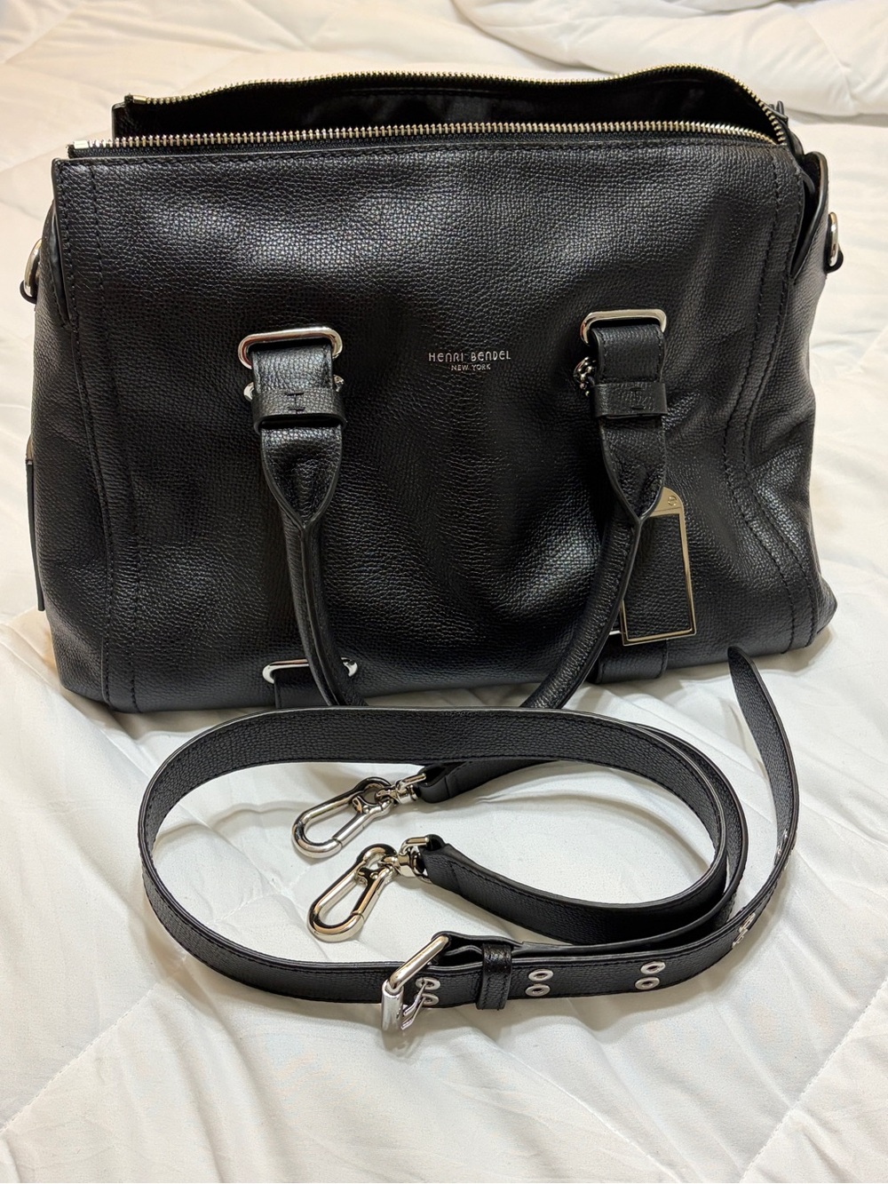 henri bendel Black Leather Duffel Bag with Detachable Strap